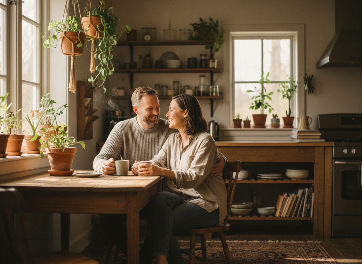 A couple sharing coffee together at the kitchen table in their shared home