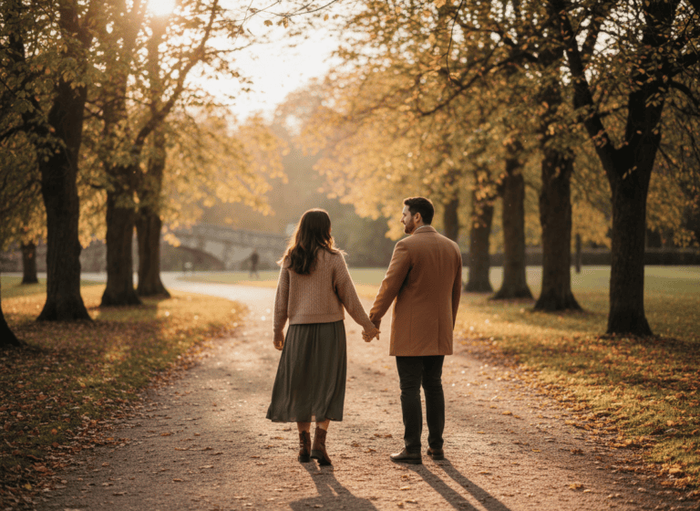 A couple walking together on a sunlit, tree-lined path in early autumn