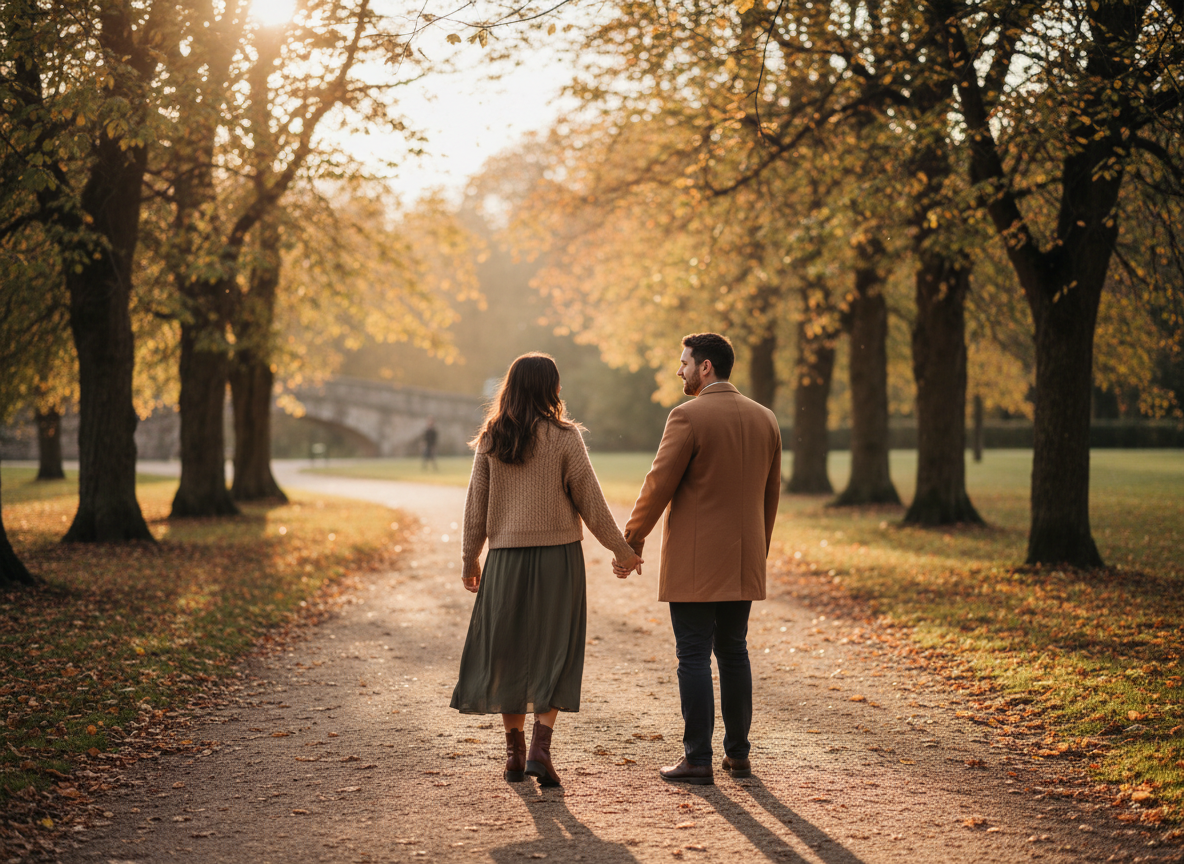 A couple walking together on a sunlit, tree-lined path in early autumn