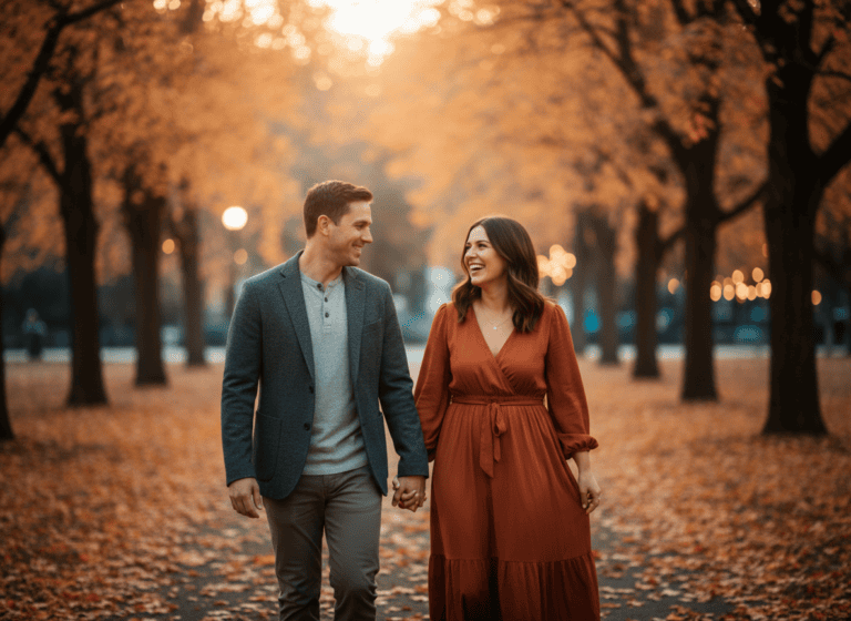 A couple smiling at each other while walking outside in the evening