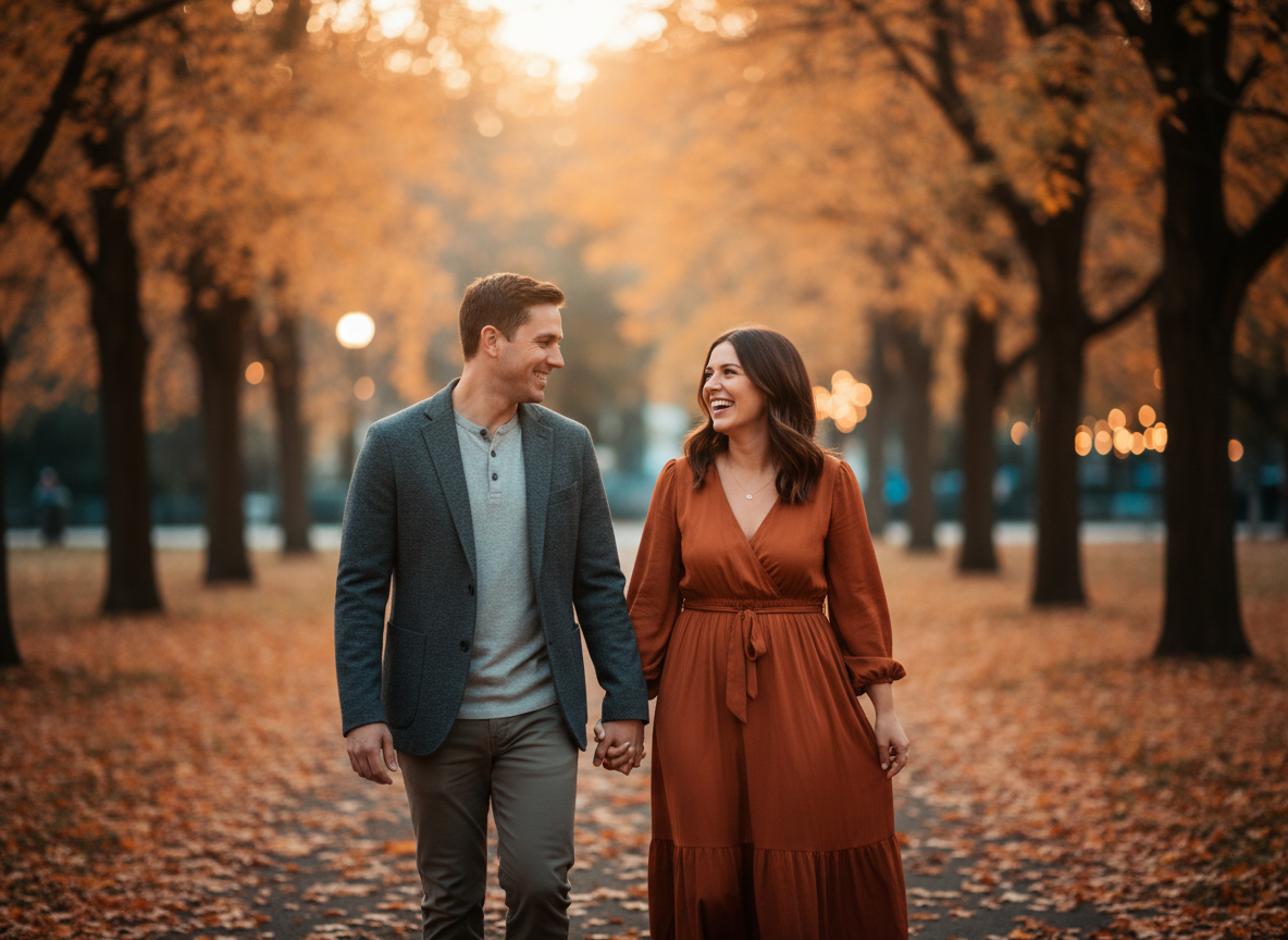 A couple smiling at each other while walking outside in the evening