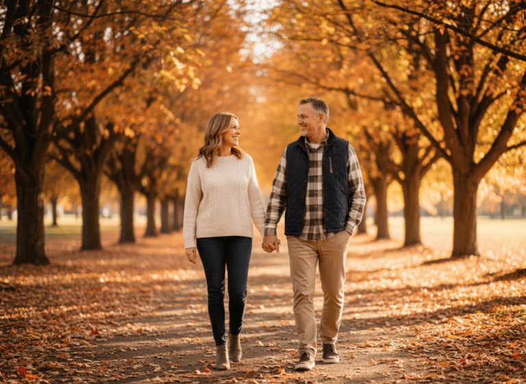 A middle-aged couple walking together outdoors at golden hour