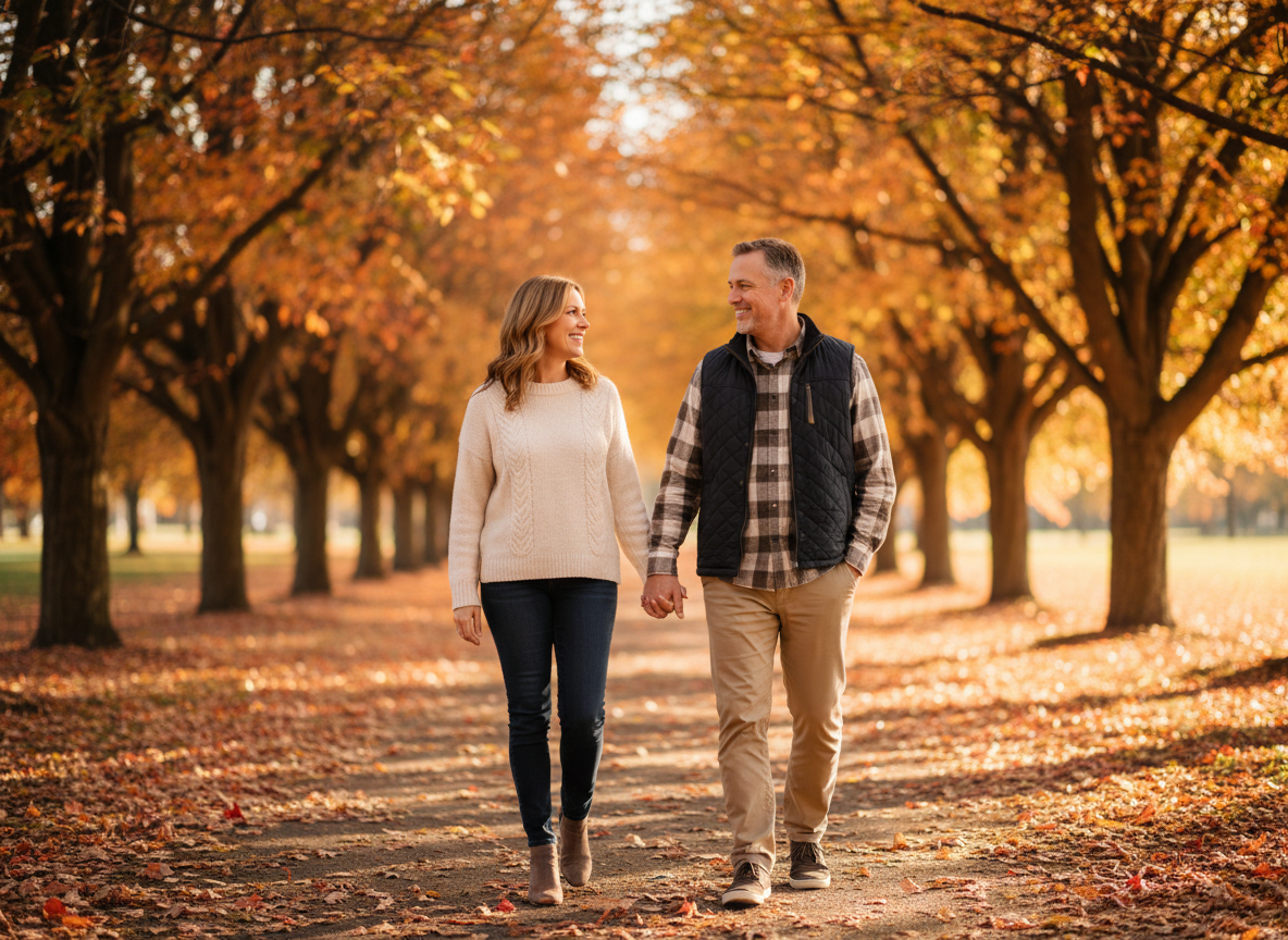 A middle-aged couple walking together outdoors at golden hour