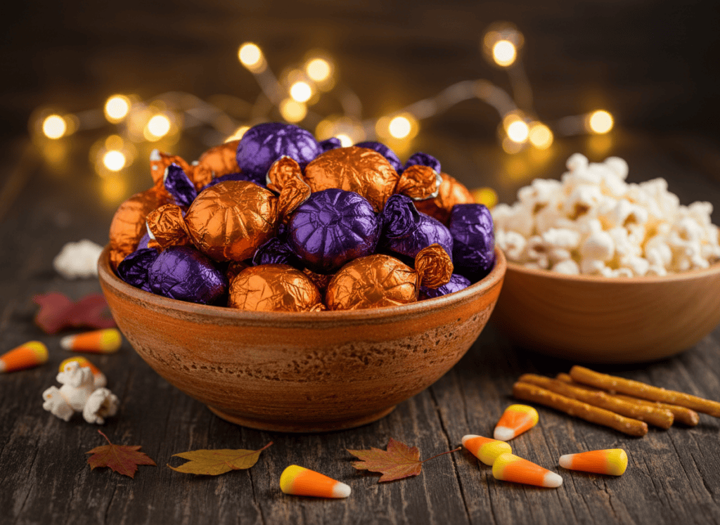 A rustic bowl of foil-wrapped Halloween chocolate candies next to popcorn and pretzels, with warm string lights in the background.
