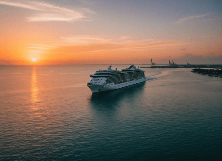 A large cruise ship departs a Gulf Coast port at sunset