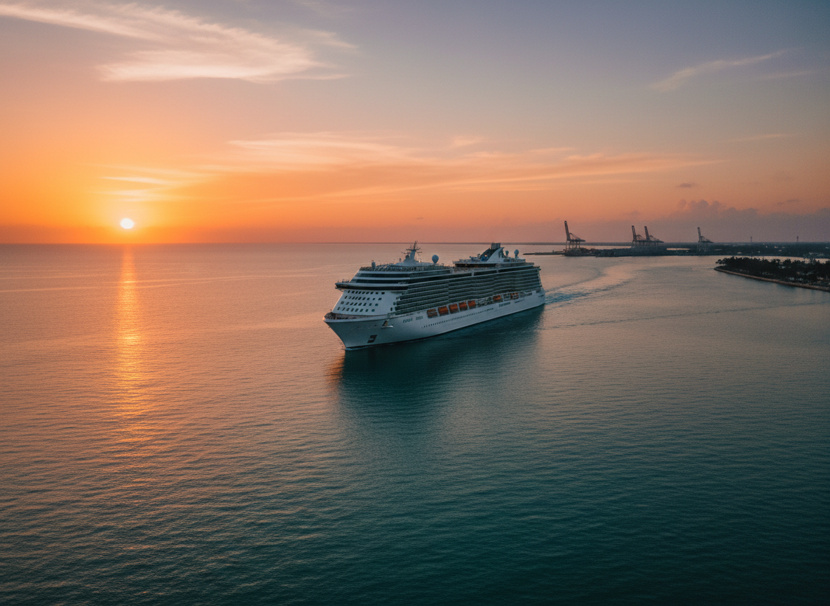 A large cruise ship departs a Gulf Coast port at sunset