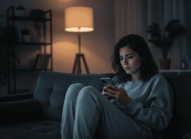 Woman looking exhausted while scrolling a dating app late at night, lit by phone screen glow