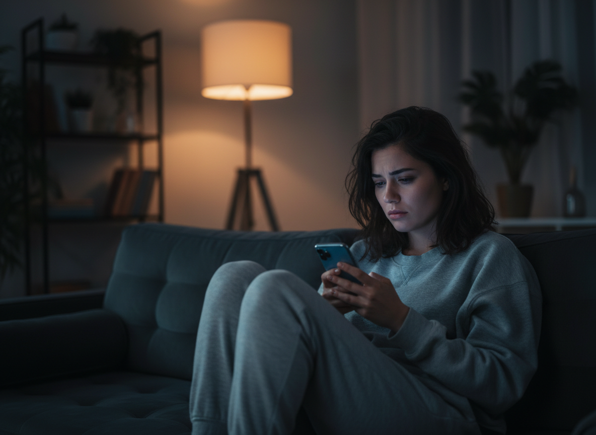 Woman looking exhausted while scrolling a dating app late at night, lit by phone screen glow