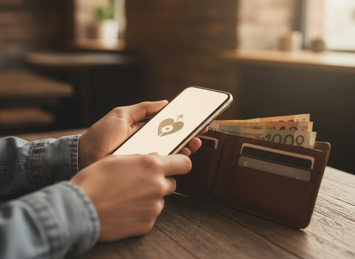 A phone with a dating app next to an open wallet, symbolizing the cost of modern dating