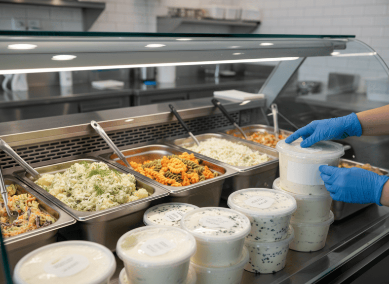 A clean deli case with fresh deli salads and cream cheese in labeled containers