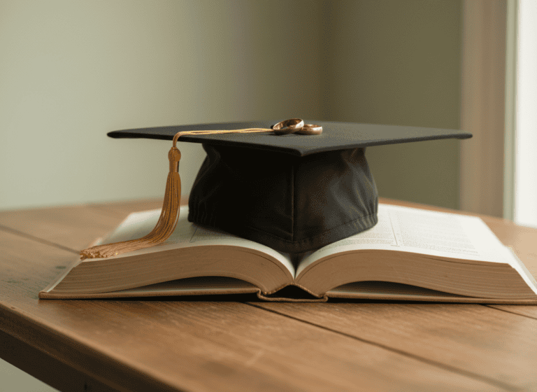 A graduation cap and two wedding rings resting on an open book, symbolizing the link between education and marital stability