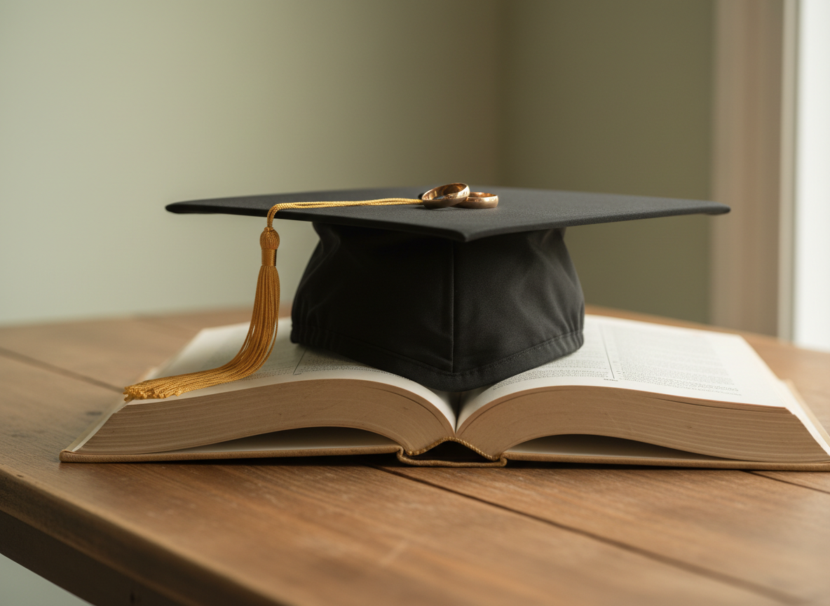 A graduation cap and two wedding rings resting on an open book, symbolizing the link between education and marital stability