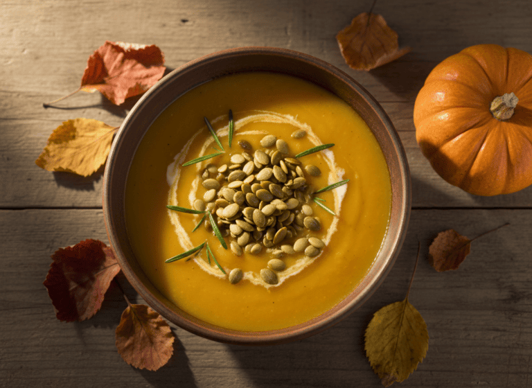 A bowl of creamy butternut squash soup garnished with pumpkin seeds and rosemary, surrounded by fall leaves