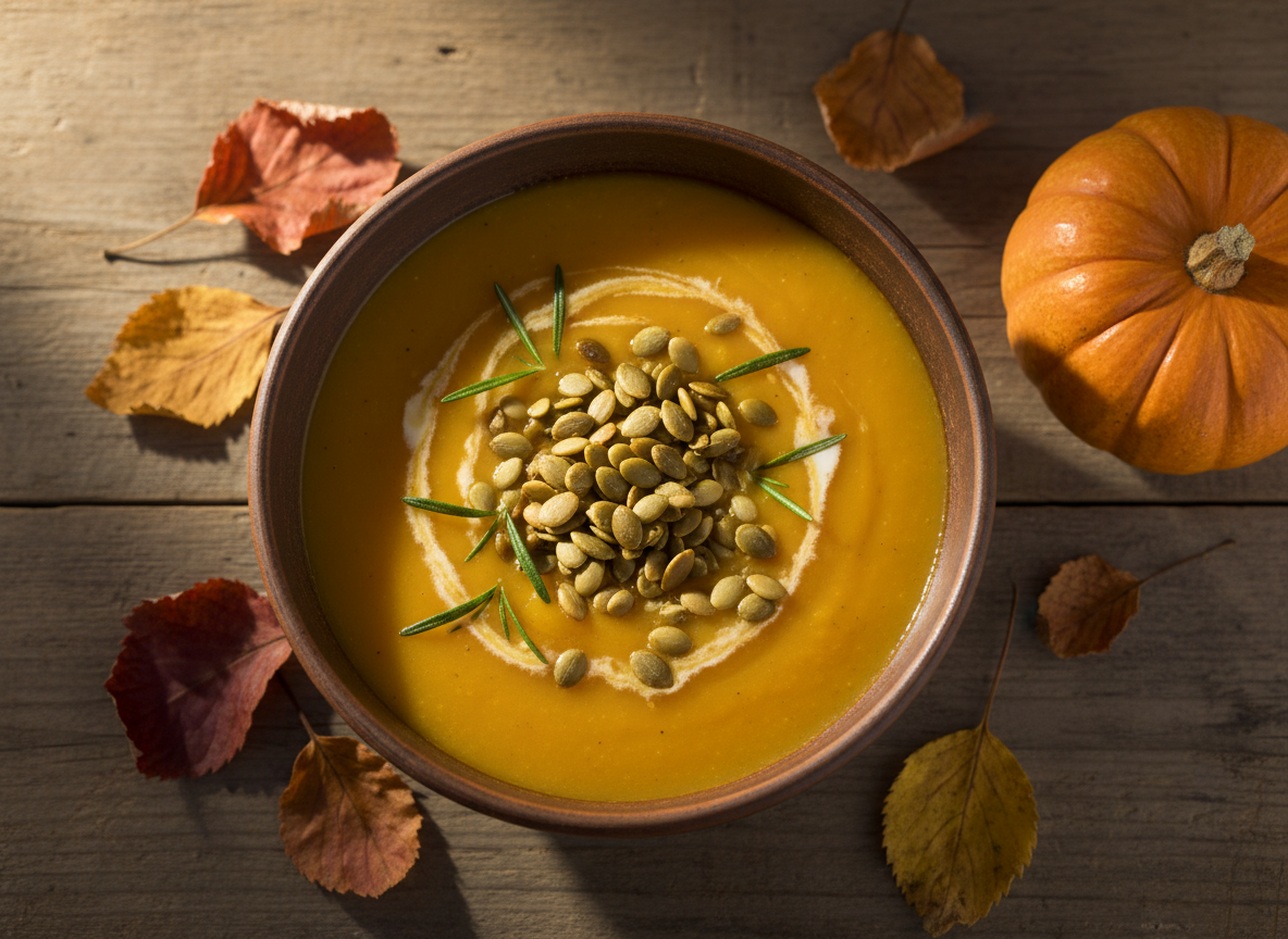 A bowl of creamy butternut squash soup garnished with pumpkin seeds and rosemary, surrounded by fall leaves
