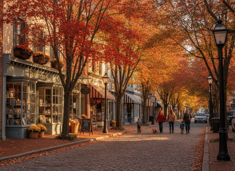 Small town main street lined with colorful autumn foliage