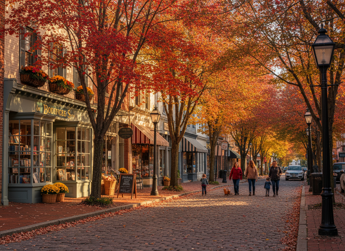 Small town main street lined with colorful autumn foliage