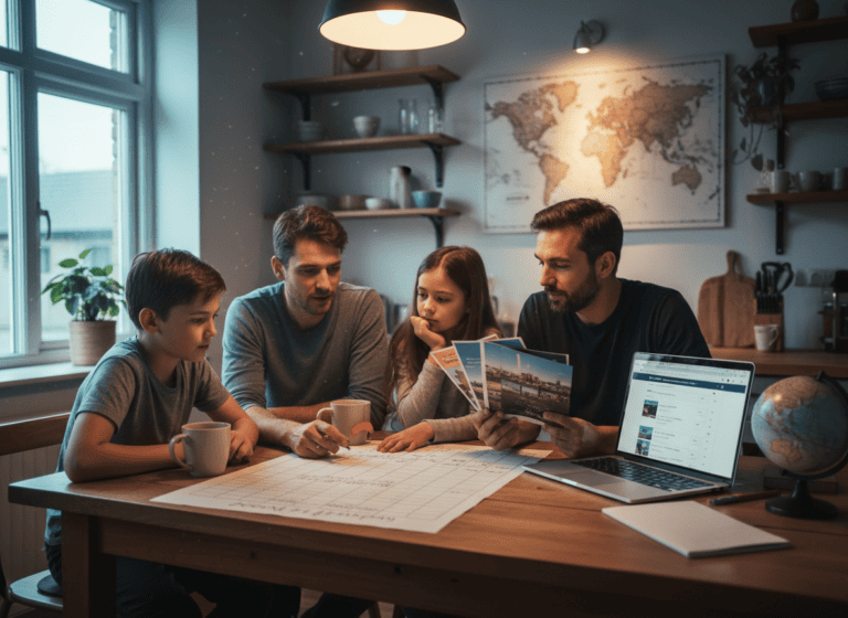 A family sits at their kitchen table reviewing a vacation budget together