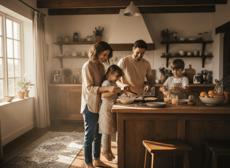 A family together in their kitchen at home