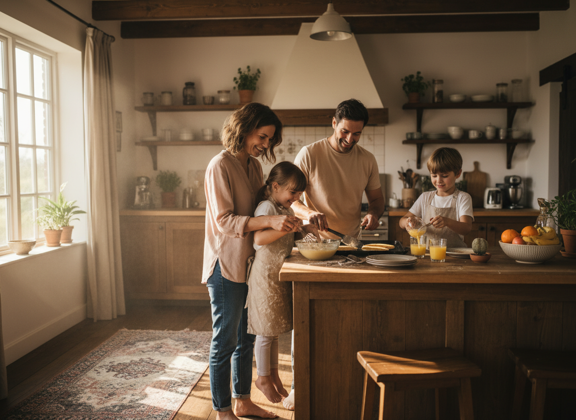 A family together in their kitchen at home