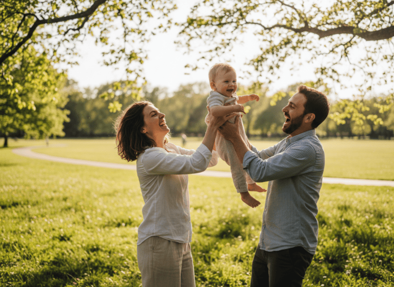 Parents playing with their young child outdoors in a park