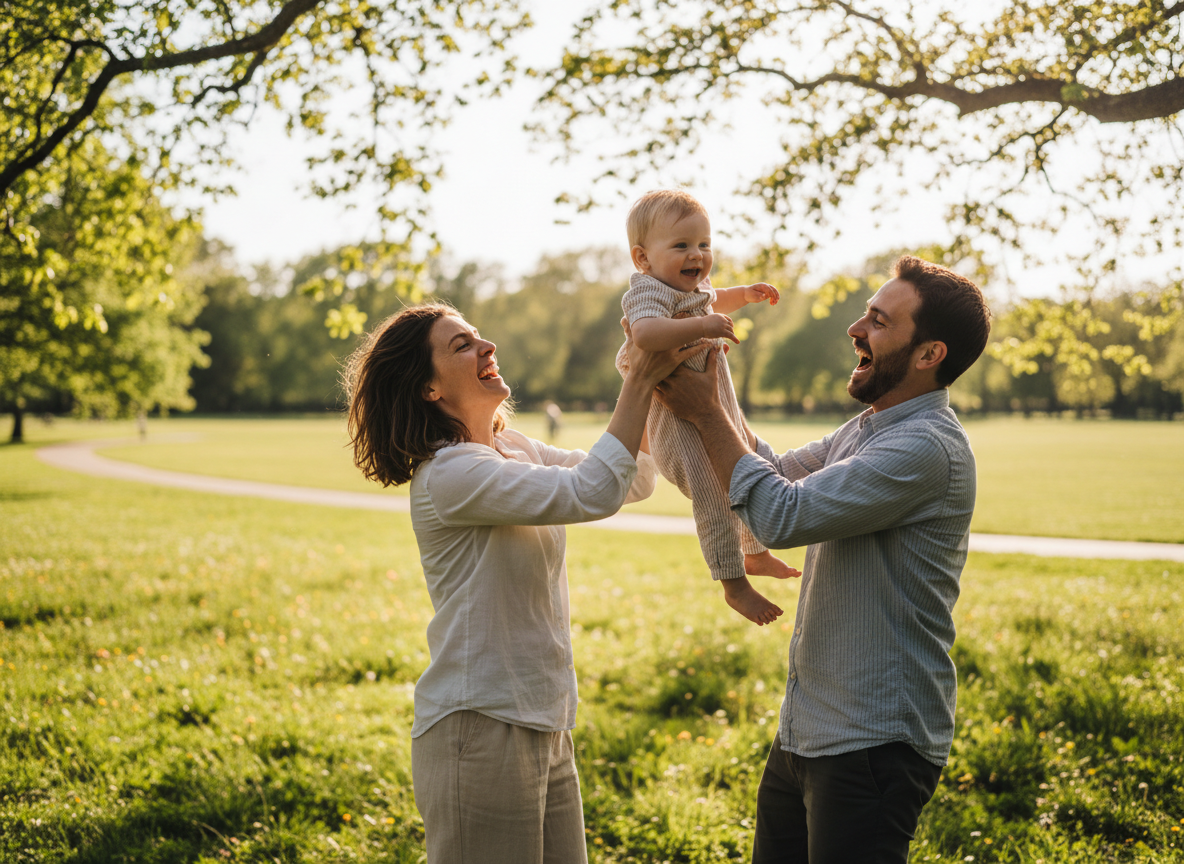 Parents playing with their young child outdoors in a park