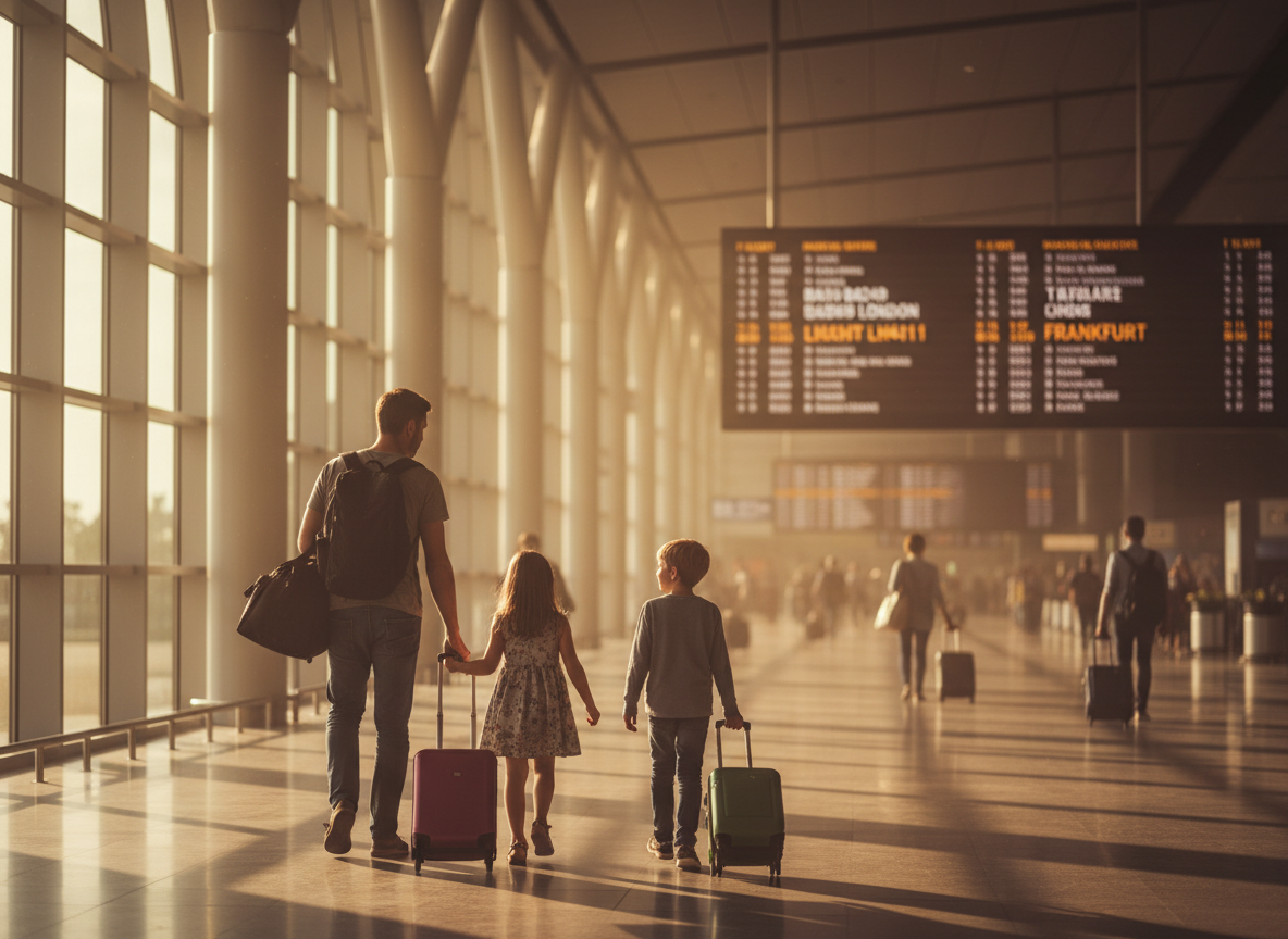 A family pulls suitcases through an airport terminal during golden hour light