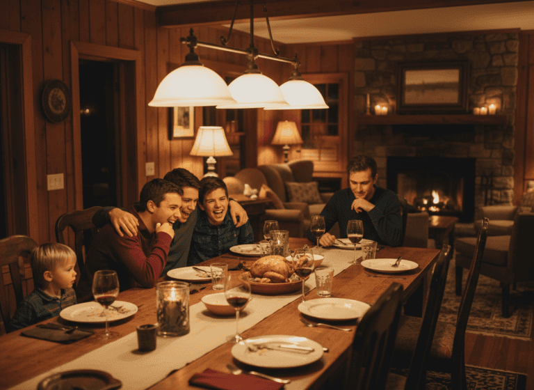 A large family of siblings gathered around a dinner table, some close and some distant