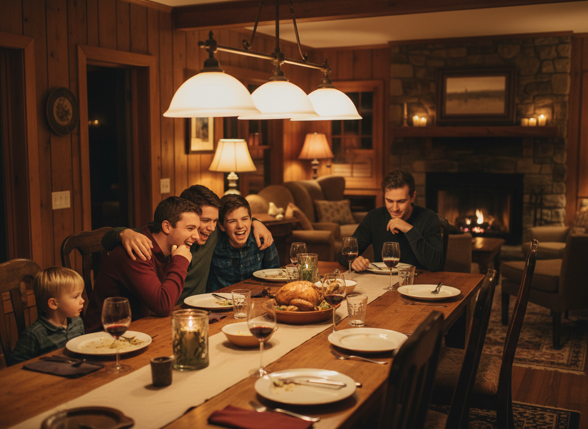 A large family of siblings gathered around a dinner table, some close and some distant