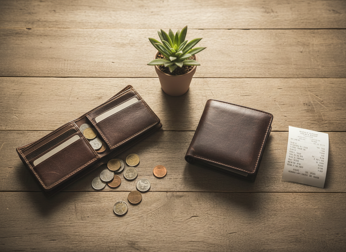 Two wallets side by side on a table, symbolizing financial imbalance between partners.