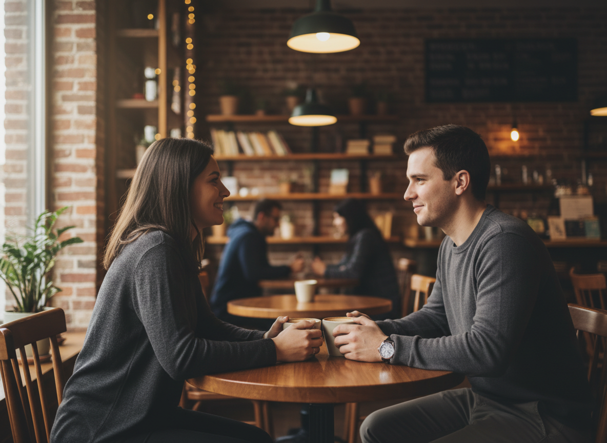 A couple sits at a small table in a warmly lit coffee shop, sharing coffee and conversation on a first date.