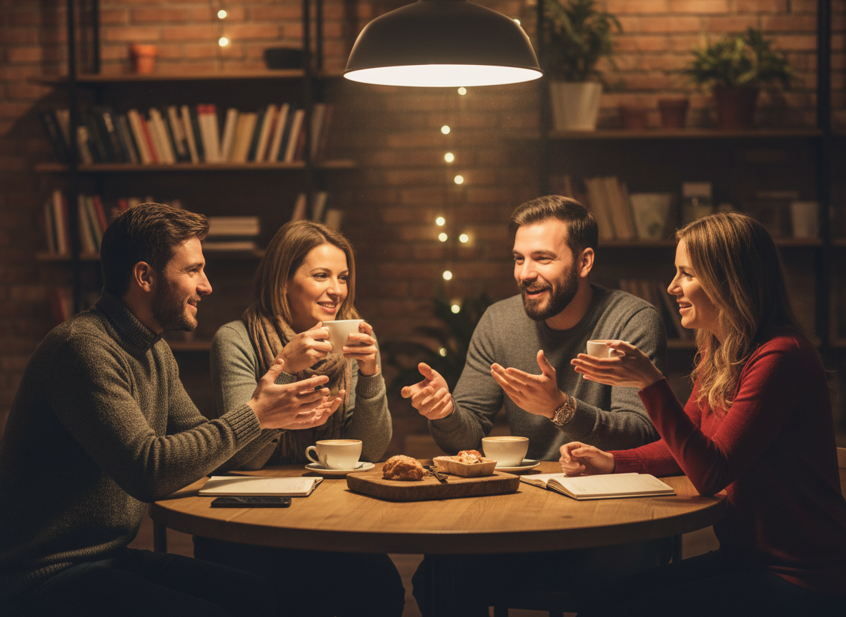 A group of adult friends talking at a coffee shop