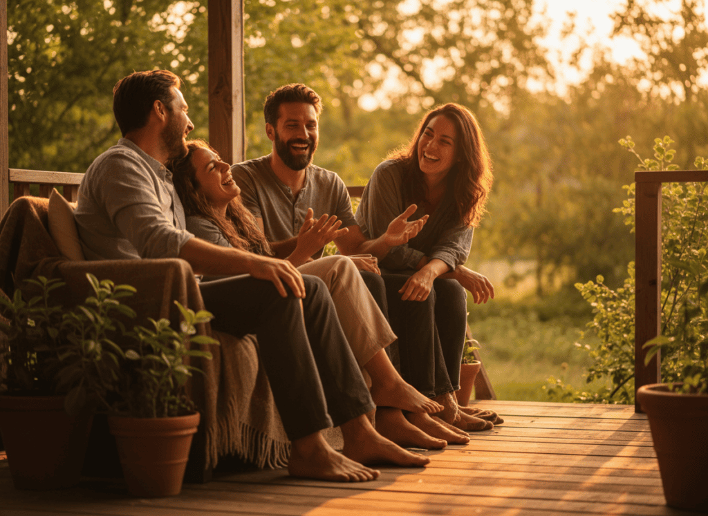 A group of friends laughing together in conversation at golden hour