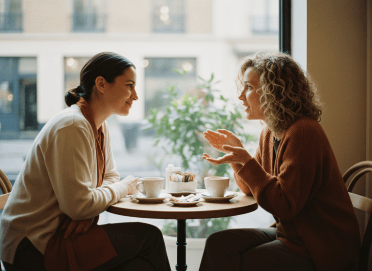 Two friends having a warm, attentive conversation at a cafe table