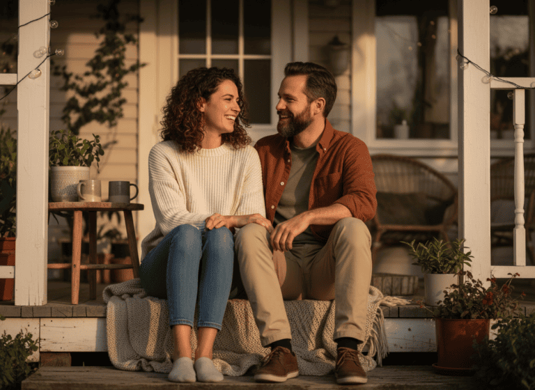 Two friends sitting together on a porch step, smiling and talking in warm evening light