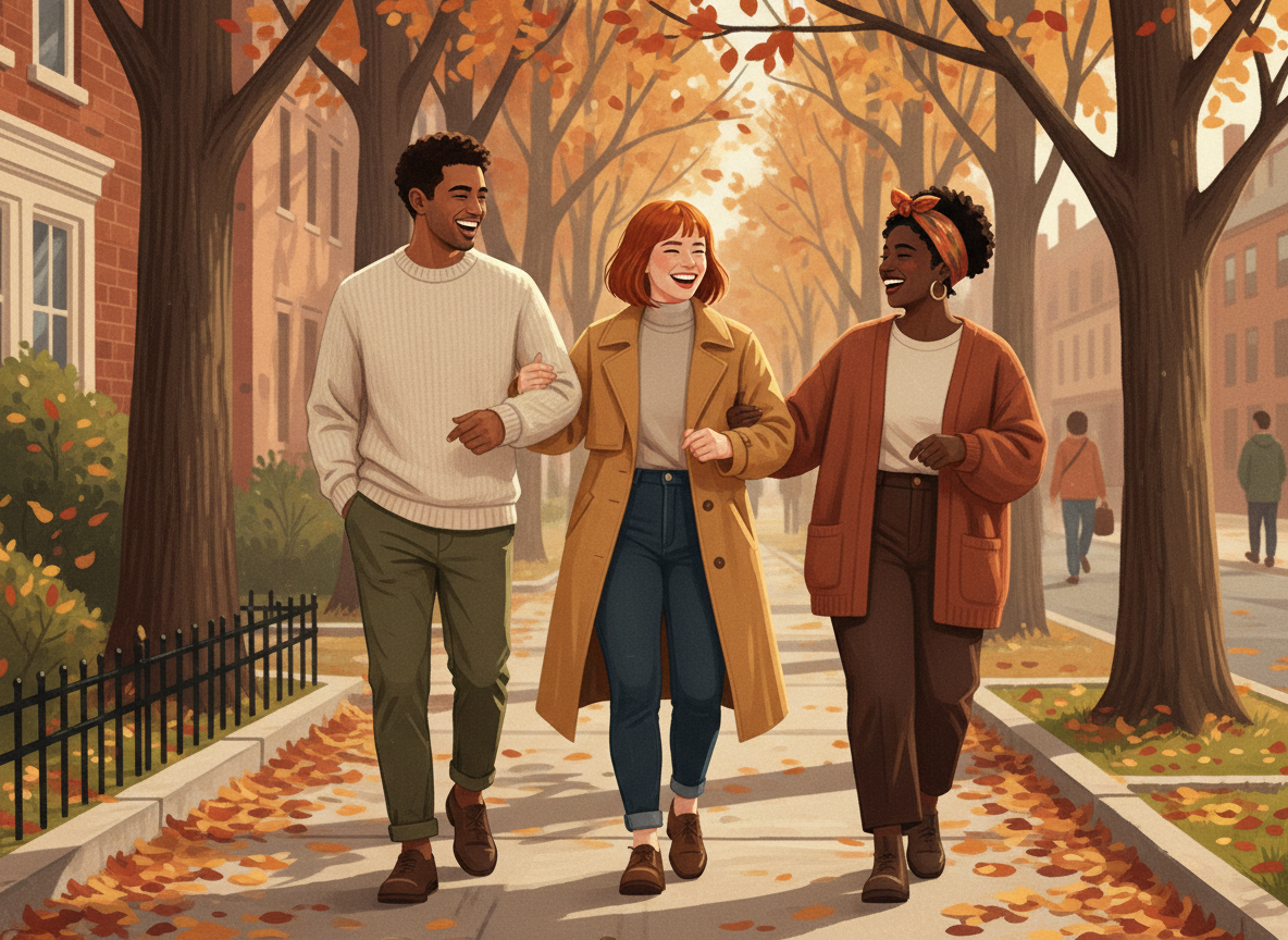 A small group of friends walking and laughing together outdoors in autumn