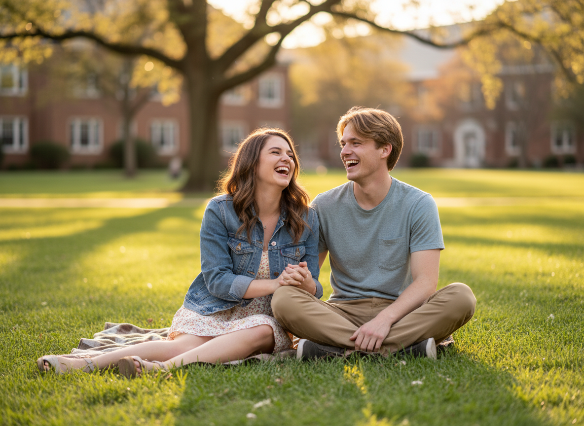 Young couple sitting together outdoors in warm sunlight