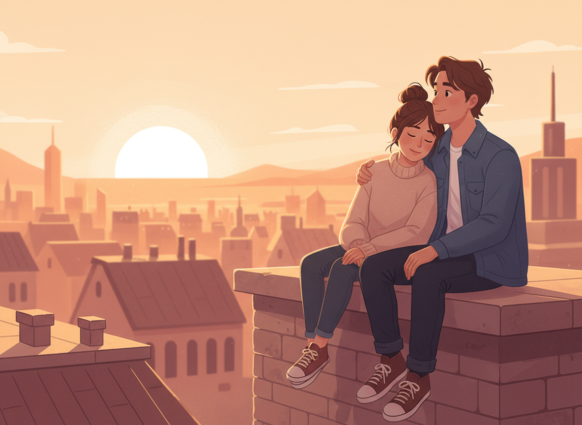Two young adults sitting together on a rooftop at golden hour, symbolizing Gen Z's hope for lasting love