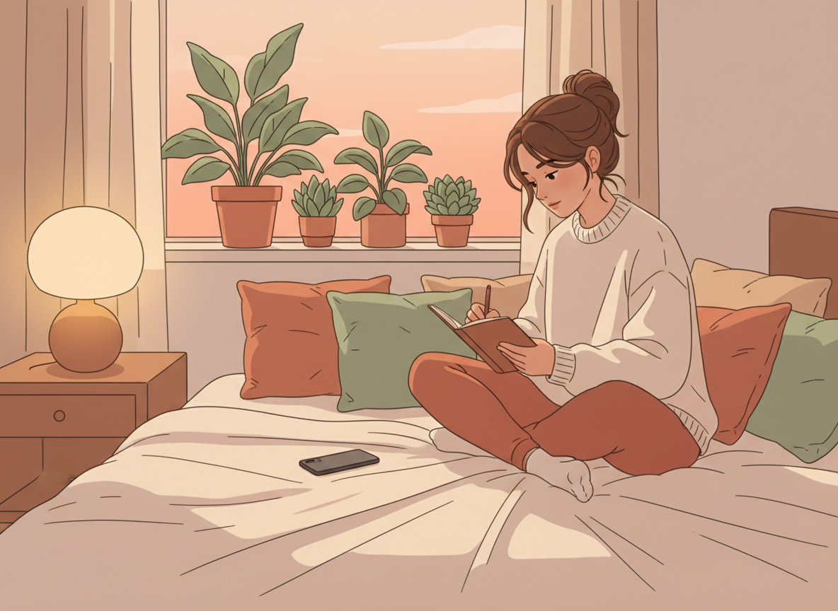 A young woman journaling alone in a cozy bedroom, reflecting on readiness for a relationship