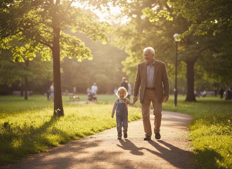 Grandfather and grandchild walking together outdoors in a park