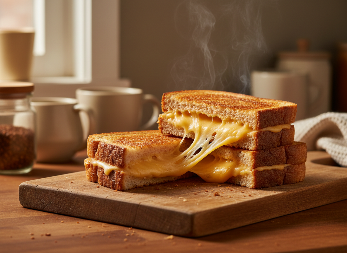 A grilled cheese sandwich cut in half showing a stretchy pull of melted cheddar cheese