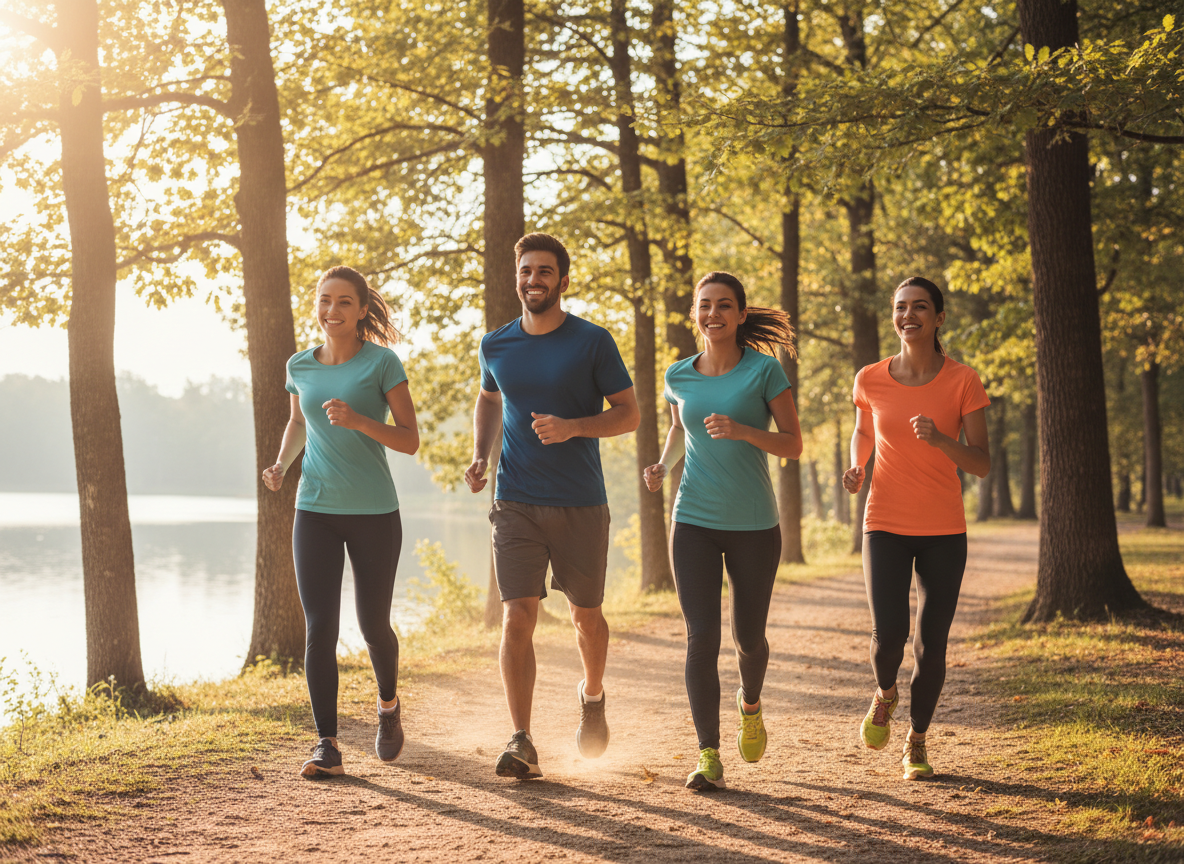 A group of friends running together outdoors