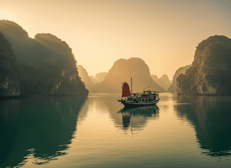 Limestone karst islands rising from calm emerald water in Ha Long Bay, Vietnam at sunrise