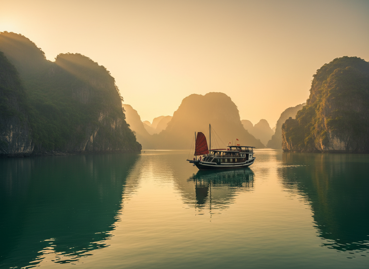 Limestone karst islands rising from calm emerald water in Ha Long Bay, Vietnam at sunrise