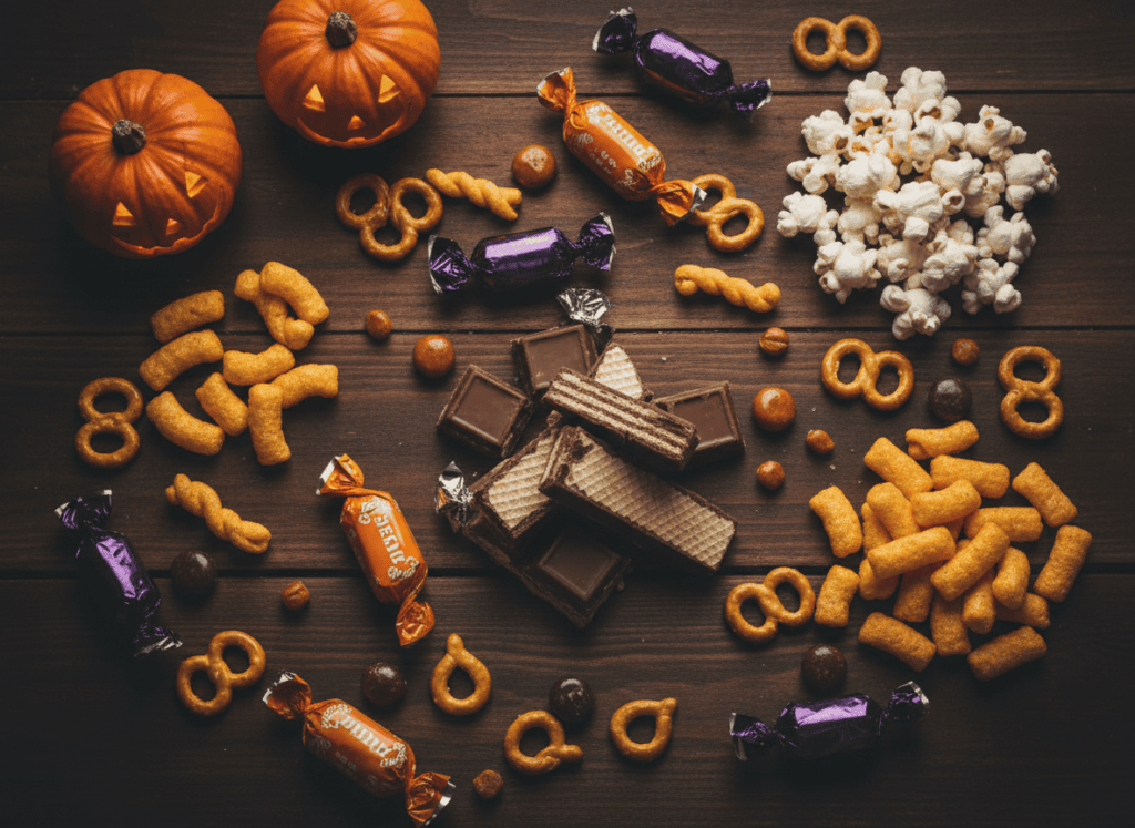 An autumn-toned flat lay of assorted Halloween candy and salty snacks, including chocolate pieces, popcorn, pretzels, and mini pumpkins.