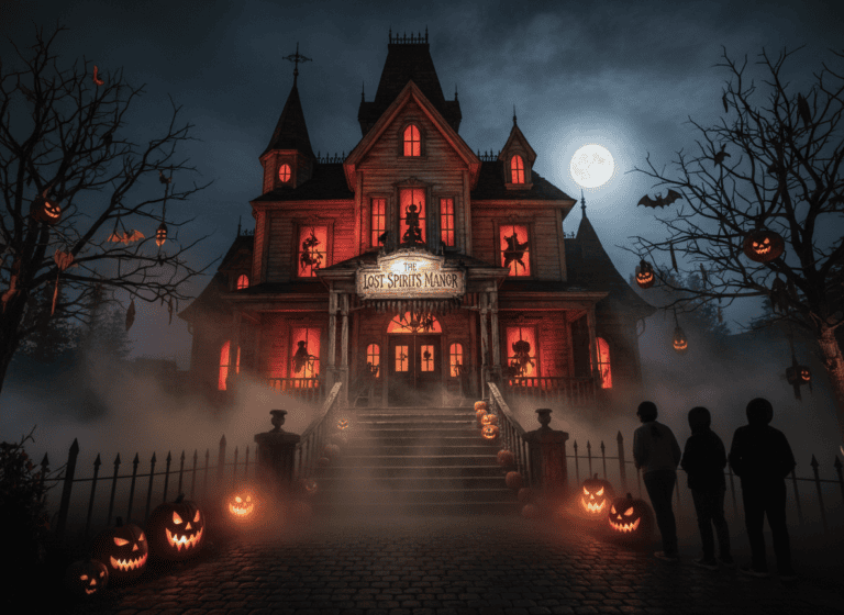 Eerie haunted house attraction glowing at night with fog