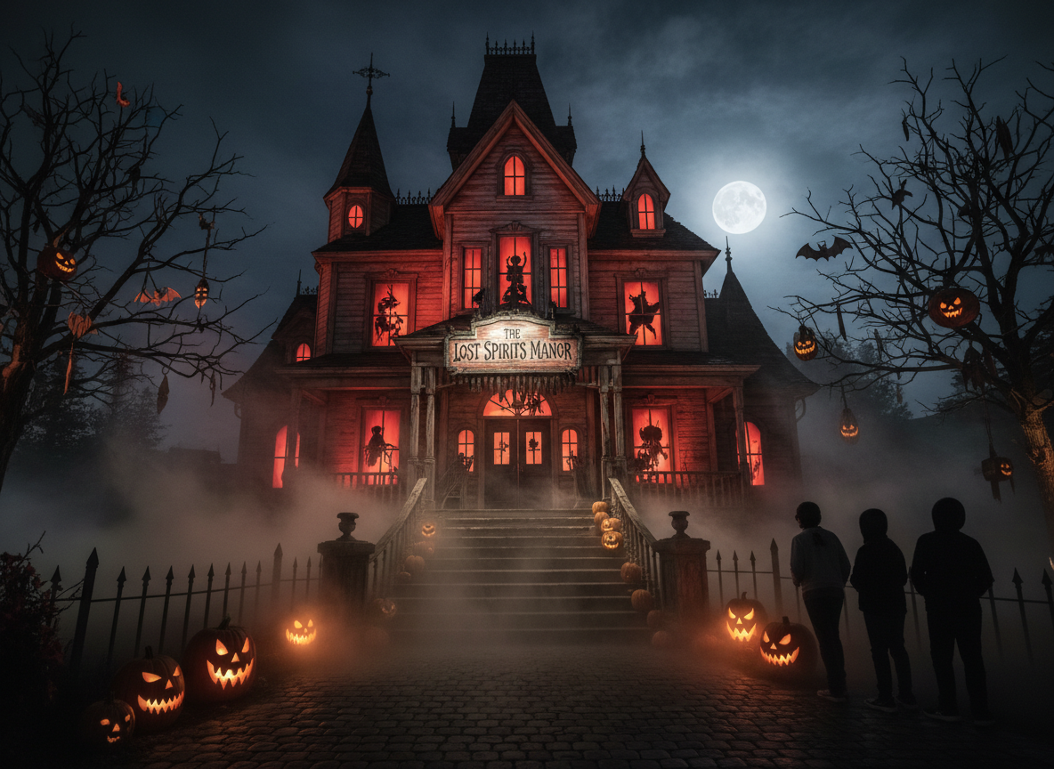 Eerie haunted house attraction glowing at night with fog