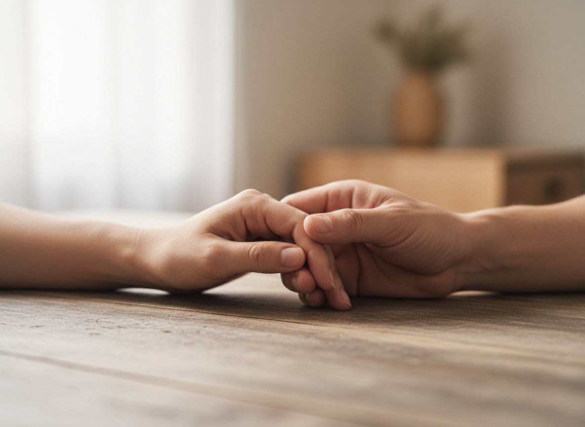 Close-up of two hands gently intertwined, symbolizing trust and emotional safety