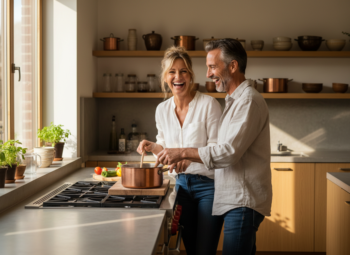 A couple laughing together in a bright kitchen
