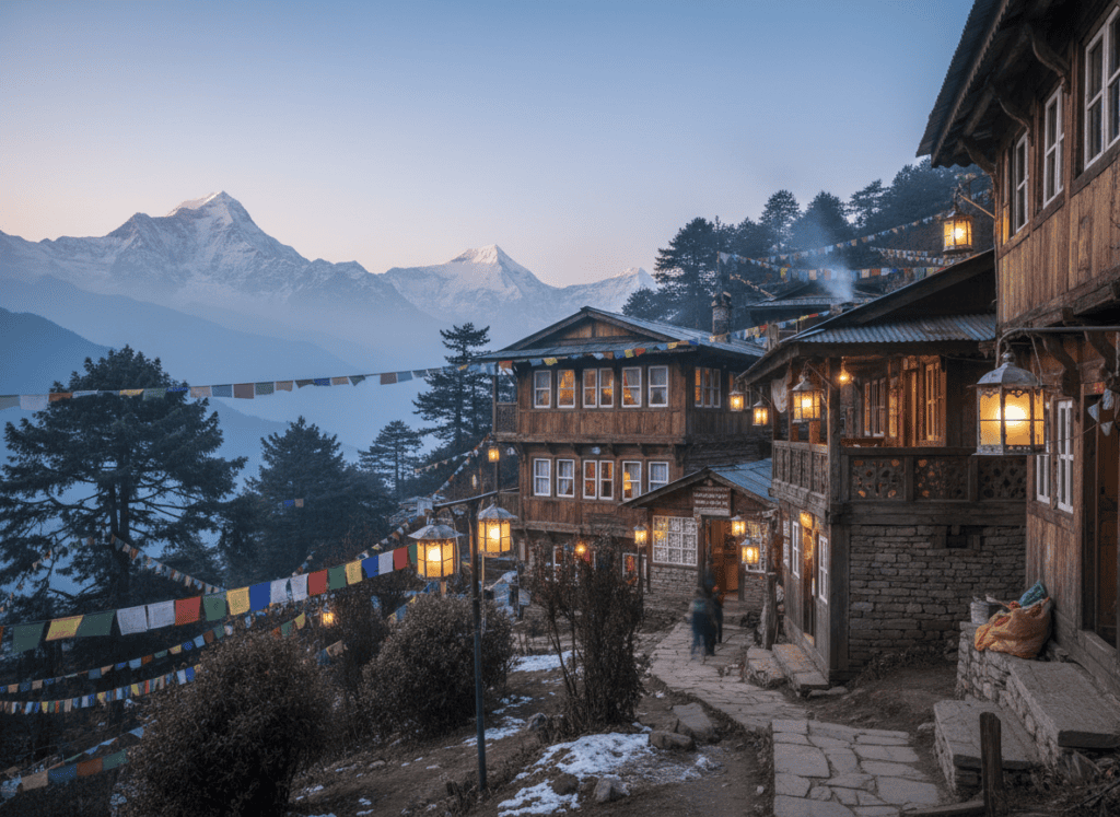 A Himalayan teahouse lodge glowing at dusk with prayer flags and snow-capped peaks in Nepal