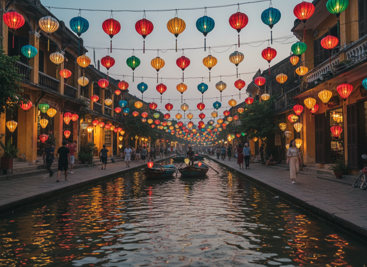 Colorful silk lanterns lighting a riverside street in Hoi An Ancient Town, Vietnam at dusk